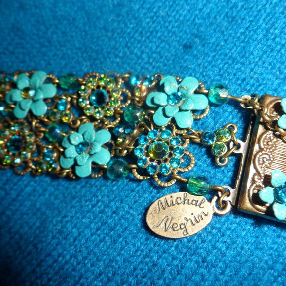 Michal Negrin bracelet- turquoise painted flowers and icy Swarovski crystals - Picture 2 of 8